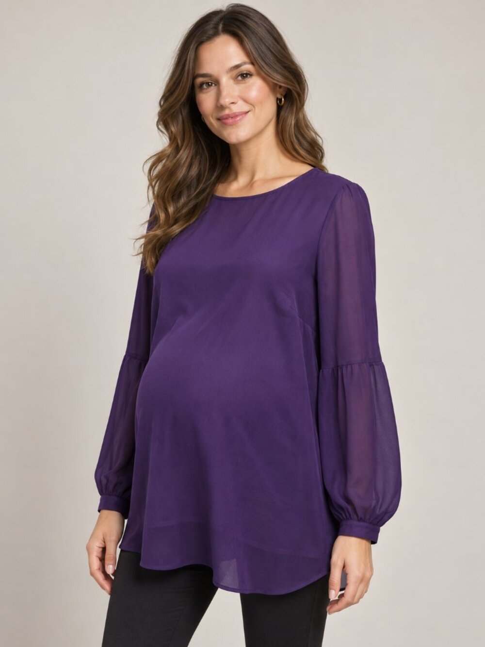 Isabel Maternity S Purple Sheer Blouse Poet Sleeve Tunic Pregnancy Top